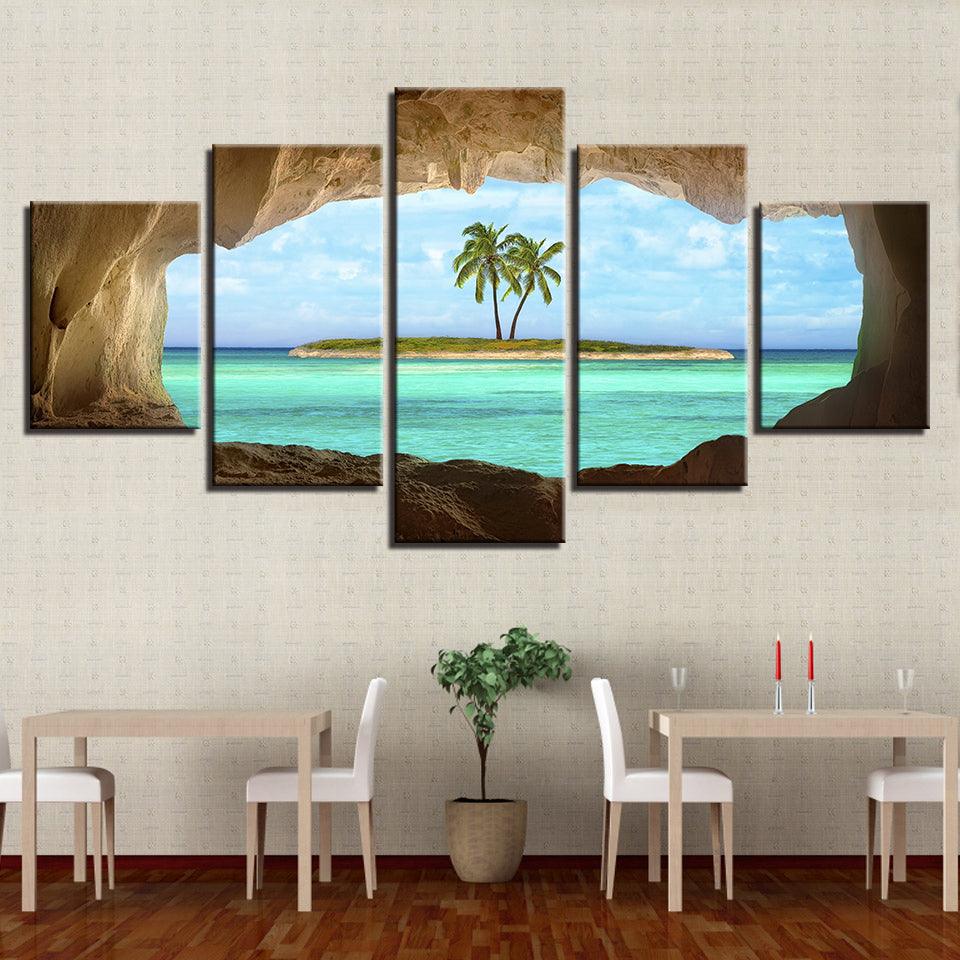 Cave View of Island 5 Piece HD Multi Panel Canvas Wall Art Frame - Original Frame