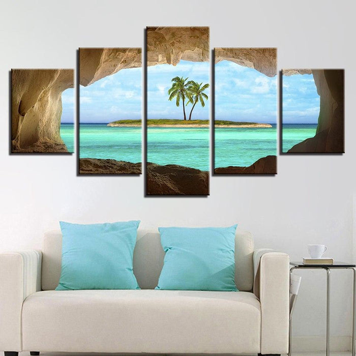 Cave View of Island 5 Piece HD Multi Panel Canvas Wall Art Frame - Original Frame