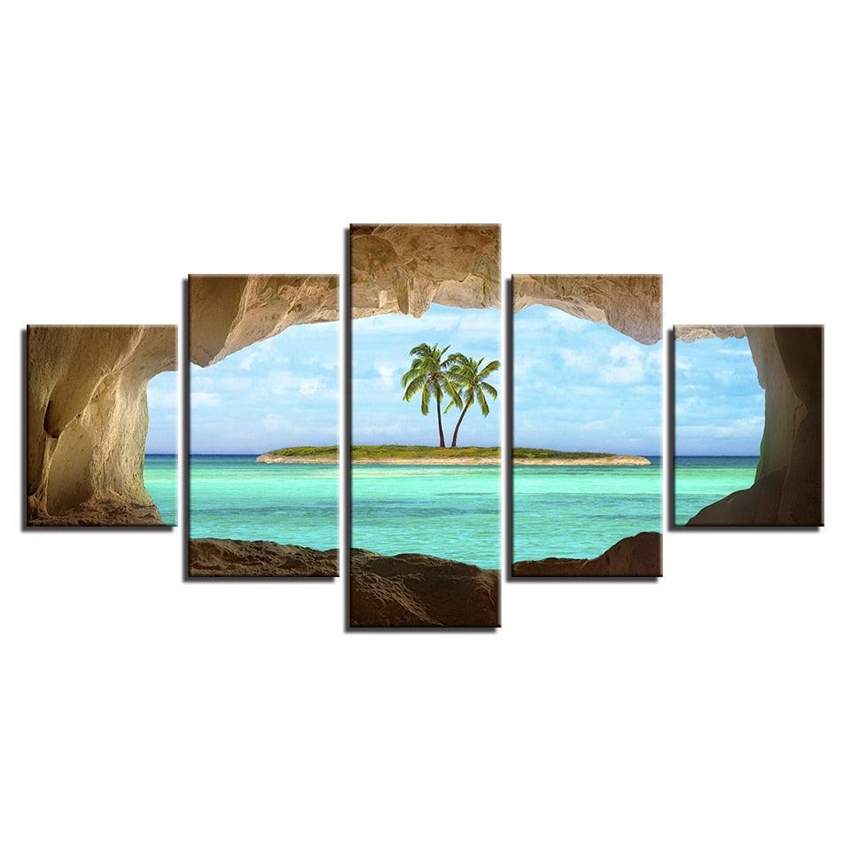 Cave View of Island 5 Piece HD Multi Panel Canvas Wall Art Frame - Original Frame