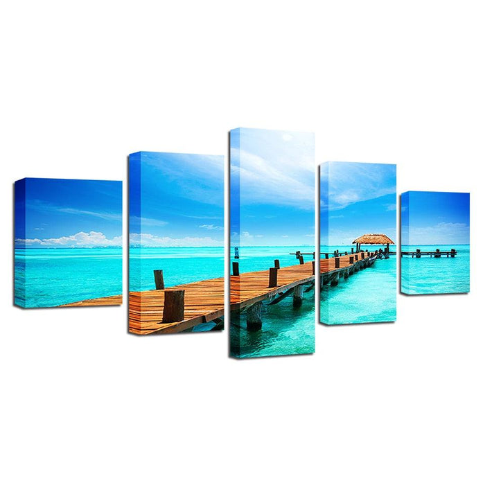 Blue Sky Wooden Bridge 5 Piece HD Multi Panel Canvas Wall Art Frame - Original Frame