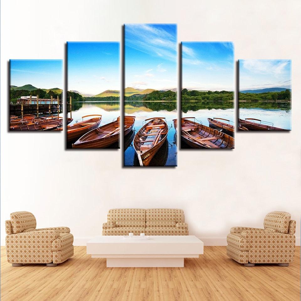 Beautiful Boats In The Lake 5 Piece HD Multi Panel Canvas Wall Art Frame - Original Frame