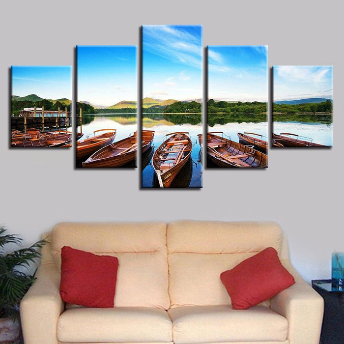 Beautiful Boats In The Lake 5 Piece HD Multi Panel Canvas Wall Art Frame