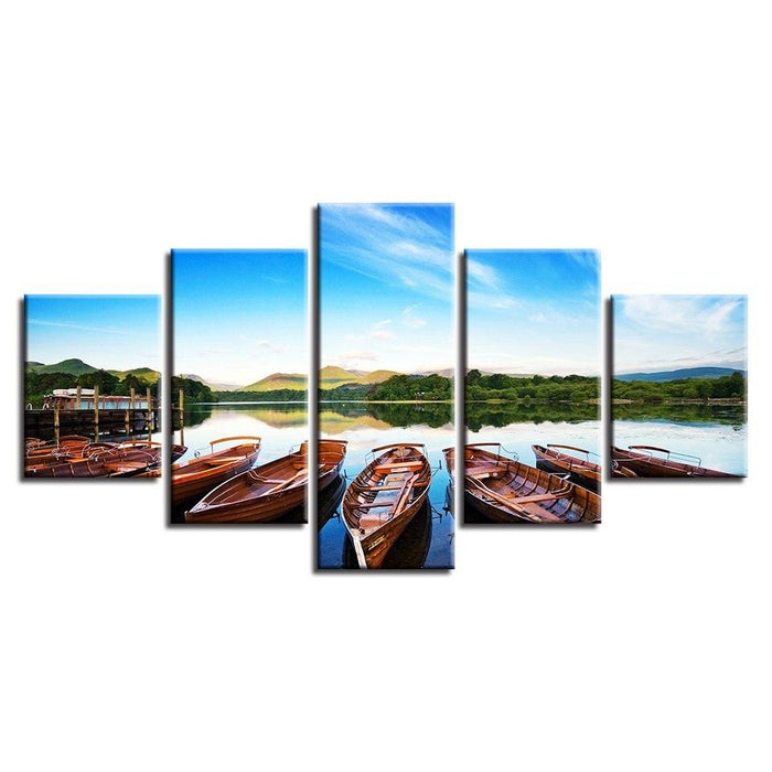 Beautiful Boats In The Lake 5 Piece HD Multi Panel Canvas Wall Art Frame - Original Frame