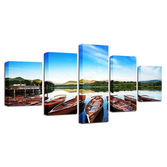 Beautiful Boats In The Lake 5 Piece HD Multi Panel Canvas Wall Art Frame