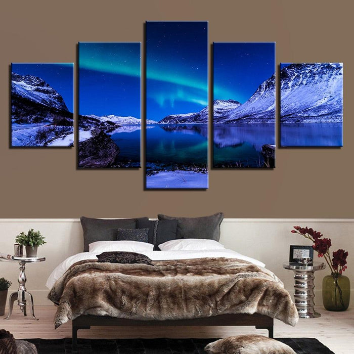 Icebergs Aurora Night Scene 5 Piece HD Multi Panel Canvas Wall Art Frame - Original Frame