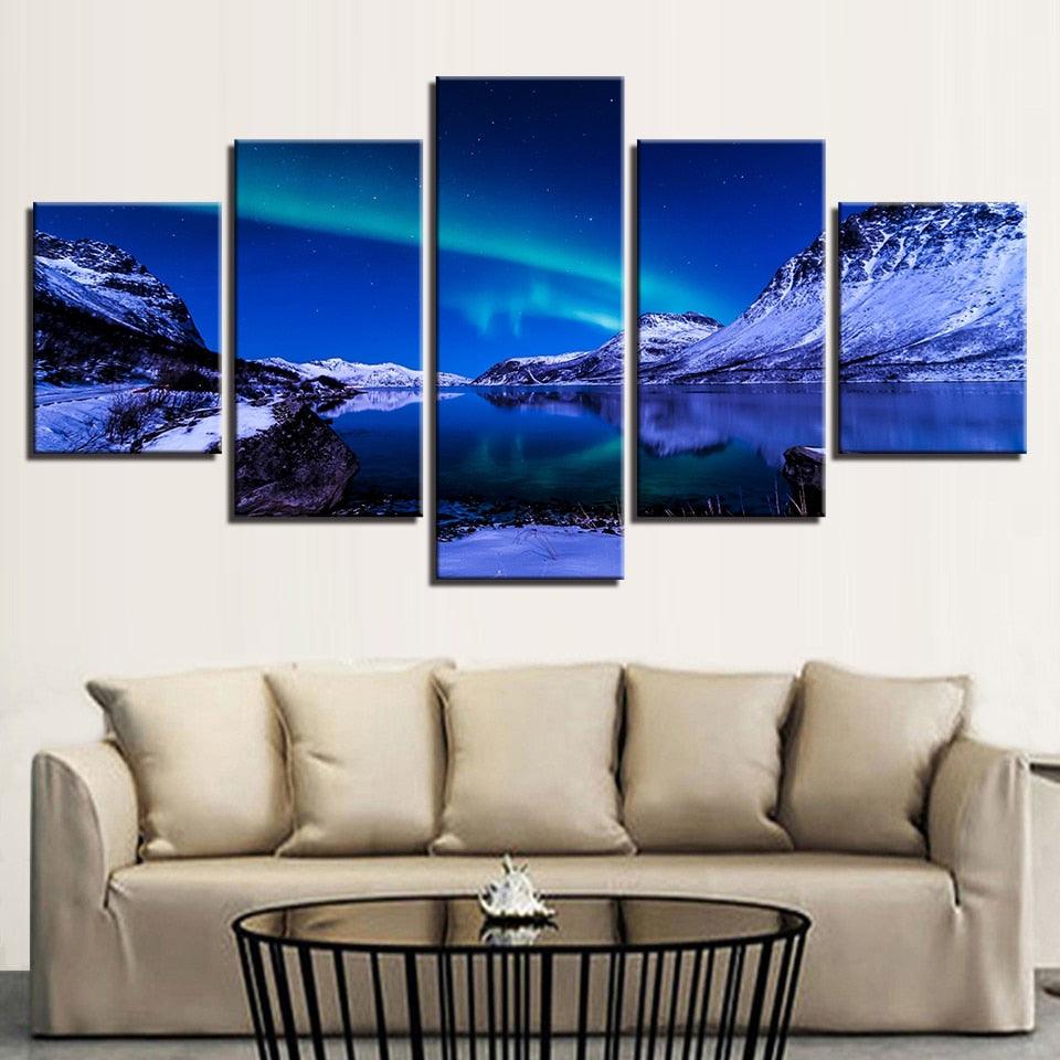Icebergs Aurora Night Scene 5 Piece HD Multi Panel Canvas Wall Art Frame - Original Frame