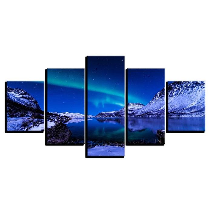 Icebergs Aurora Night Scene 5 Piece HD Multi Panel Canvas Wall Art Frame - Original Frame