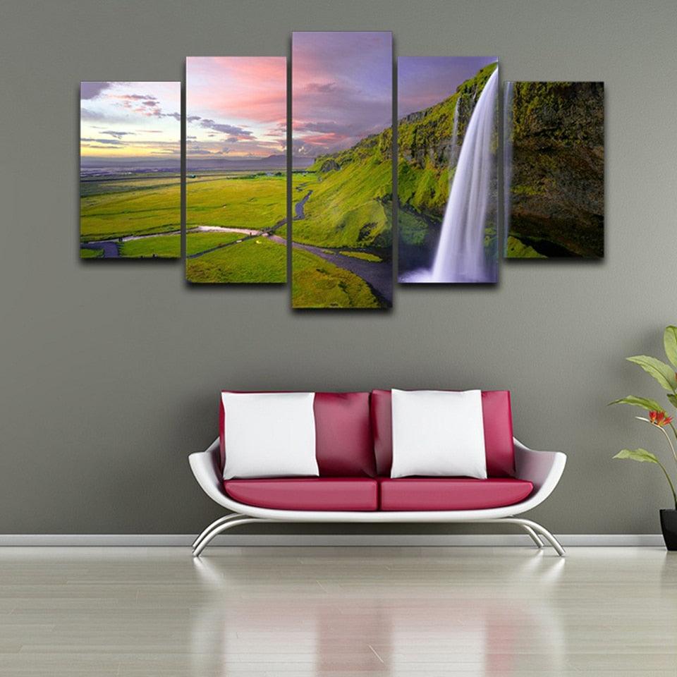 Seljalandsfoss Waterfall Landscape 5 Piece HD Multi Panel Canvas Wall Art Frame - Original Frame
