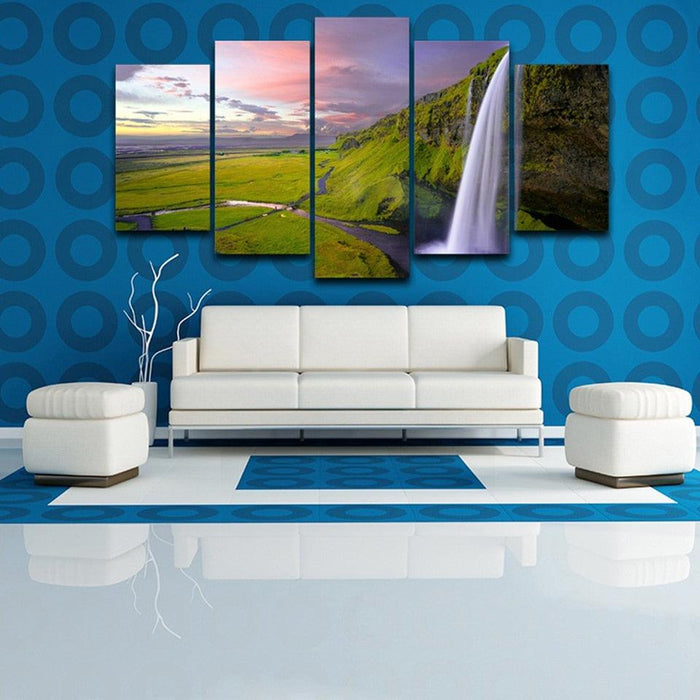 Seljalandsfoss Waterfall Landscape 5 Piece HD Multi Panel Canvas Wall Art Frame - Original Frame