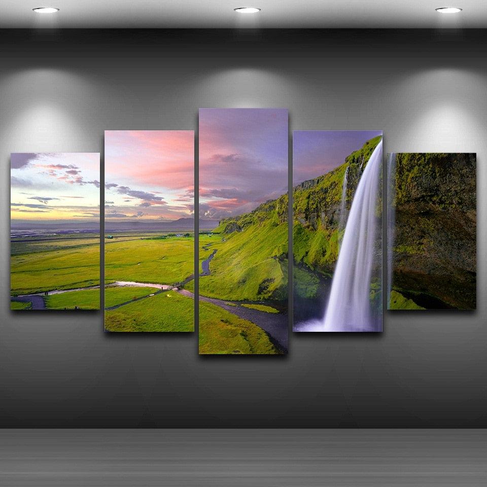 Seljalandsfoss Waterfall Landscape 5 Piece HD Multi Panel Canvas Wall Art Frame - Original Frame