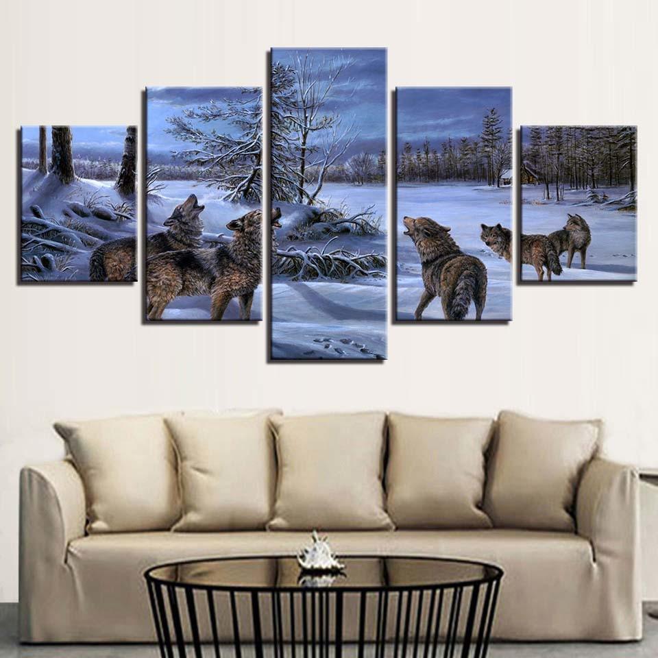 Wolves Howling 5 Piece HD Multi Panel Canvas Wall Art Frame - Original Frame
