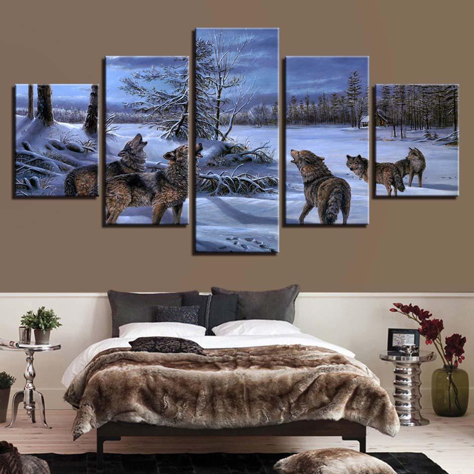 Wolves Howling 5 Piece HD Multi Panel Canvas Wall Art Frame - Original Frame