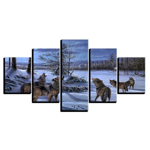 Wolves Howling 5 Piece HD Multi Panel Canvas Wall Art Frame - Original Frame