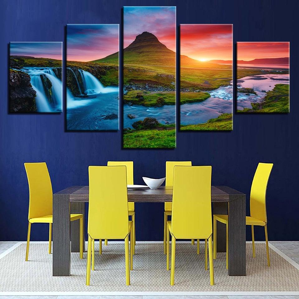 Mountain Waterfall Sunset 5 Piece HD Multi Panel Canvas Wall Art Frame - Original Frame