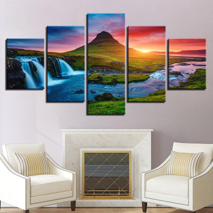 Mountain Waterfall Sunset 5 Piece HD Multi Panel Canvas Wall Art Frame - Original Frame