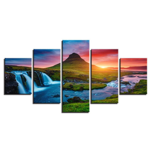 Mountain Waterfall Sunset 5 Piece HD Multi Panel Canvas Wall Art Frame - Original Frame