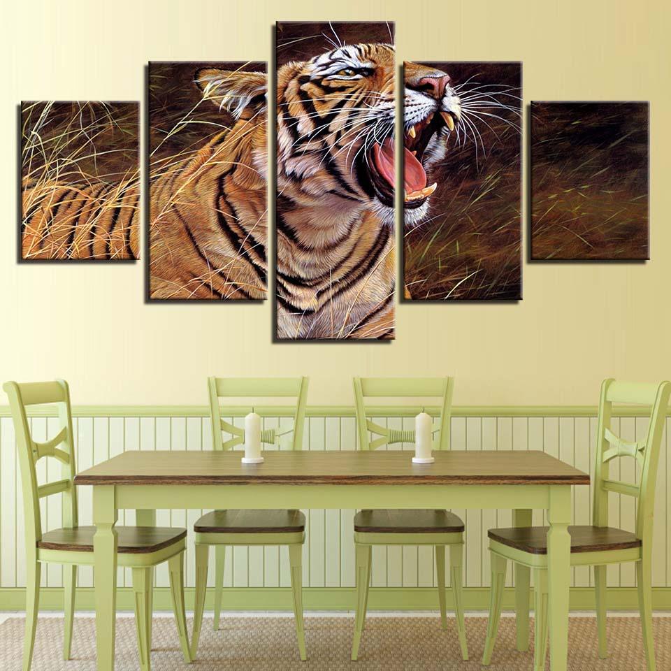 Tiger Yawning 5 Piece HD Multi Panel Canvas Wall Art Frame - Original Frame