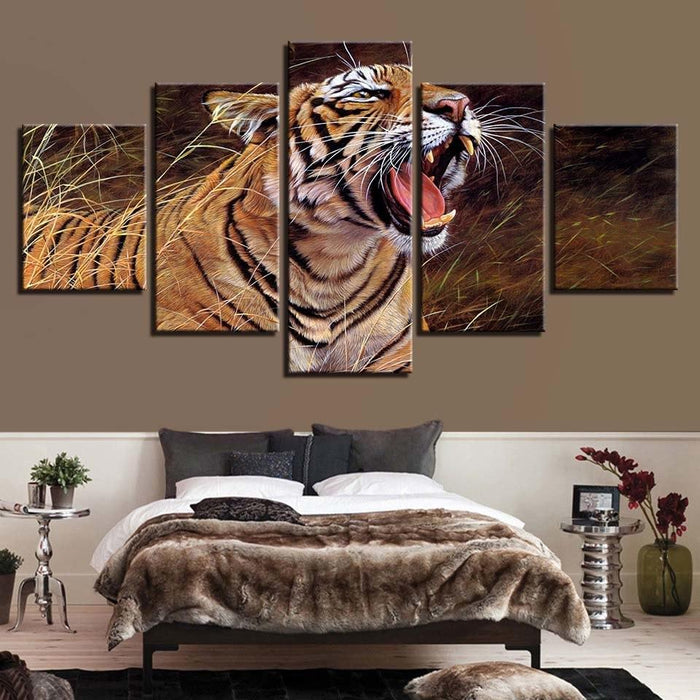 Tiger Yawning 5 Piece HD Multi Panel Canvas Wall Art Frame - Original Frame