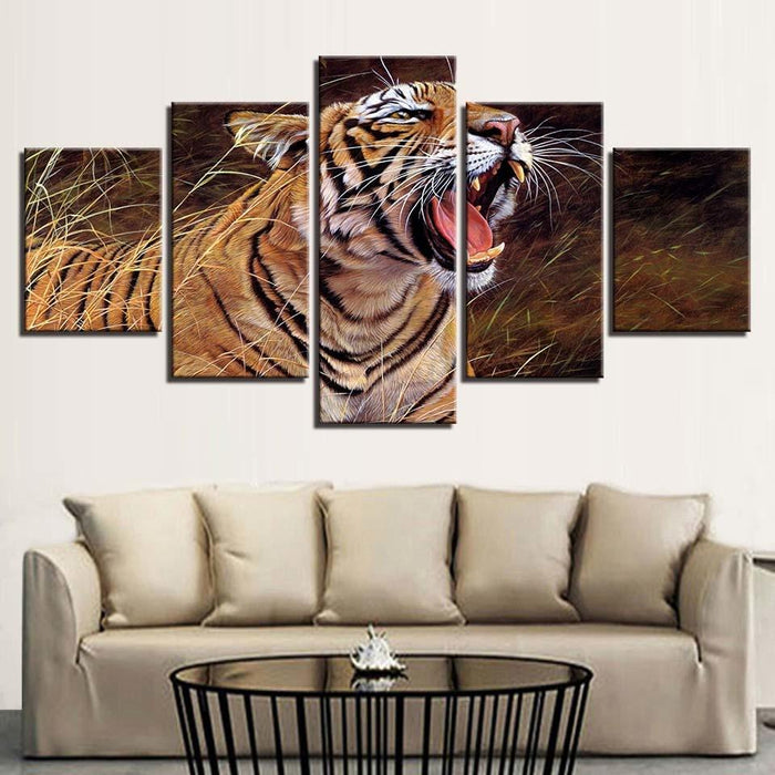 Tiger Yawning 5 Piece HD Multi Panel Canvas Wall Art Frame - Original Frame