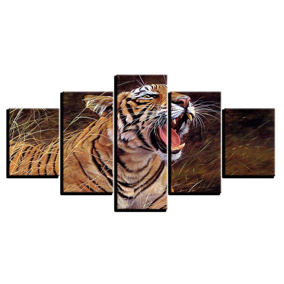 Tiger Yawning 5 Piece HD Multi Panel Canvas Wall Art Frame - Original Frame