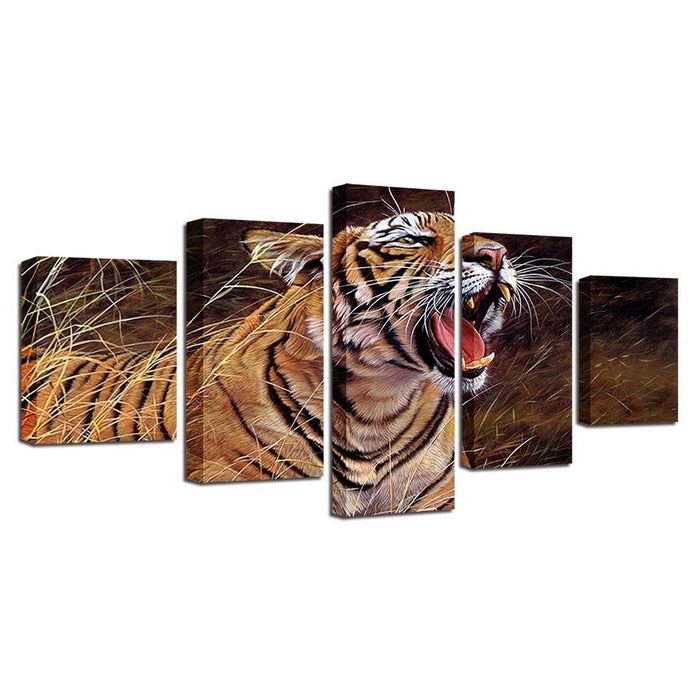 Tiger Yawning 5 Piece HD Multi Panel Canvas Wall Art Frame - Original Frame