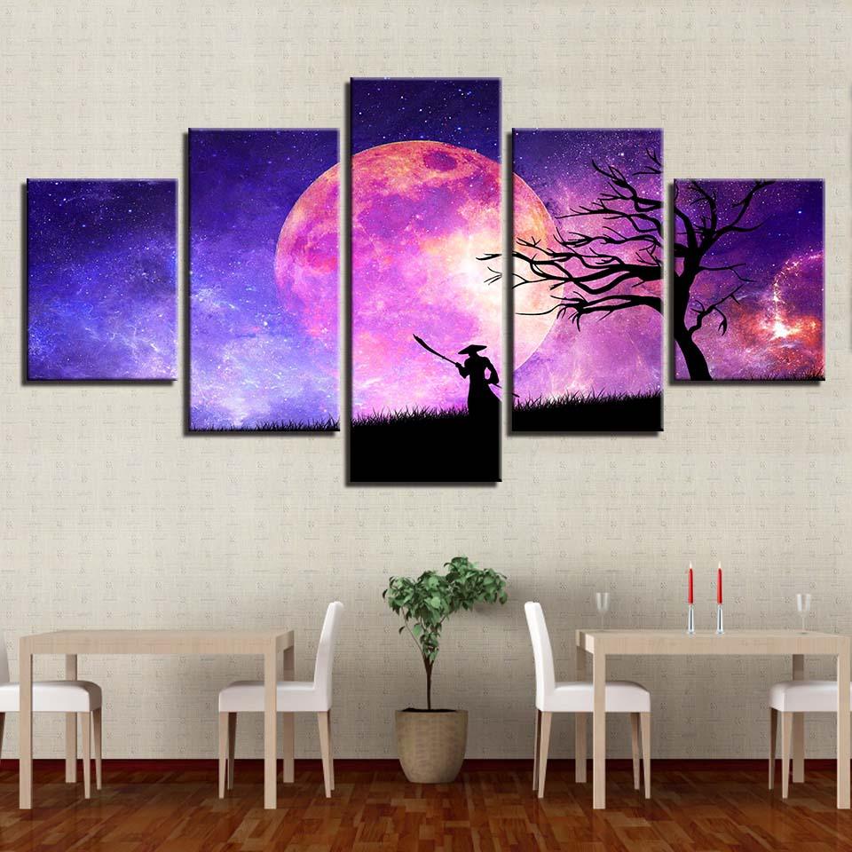Tree And Moon Night 5 Piece HD Multi Panel Canvas Wall Art Frame - Original Frame