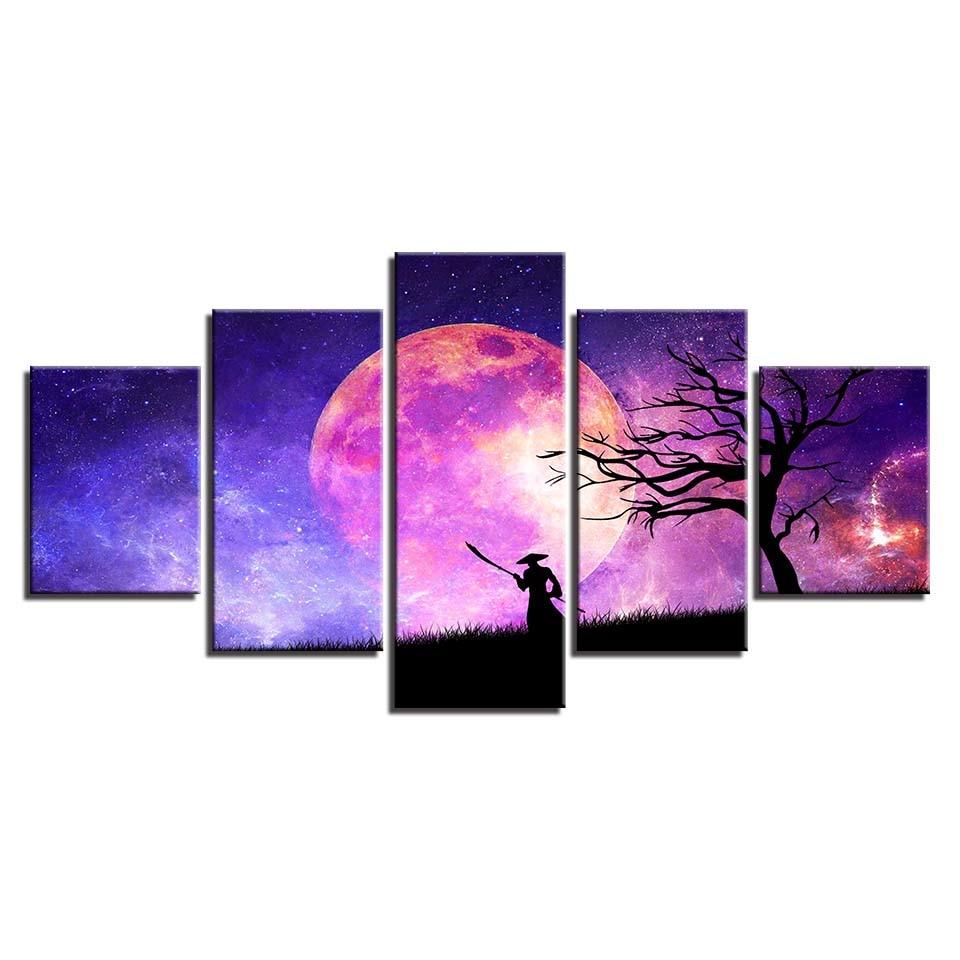 Tree And Moon Night 5 Piece HD Multi Panel Canvas Wall Art Frame - Original Frame