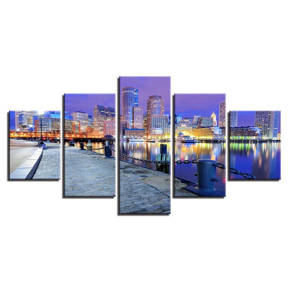 City Building Night View 5 Piece HD Multi Panel Canvas Wall Art Frame - Original Frame