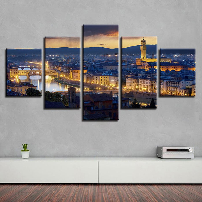 Florence Cathedral City Night 5 Piece HD Multi Panel Canvas Wall Art Frame - Original Frame