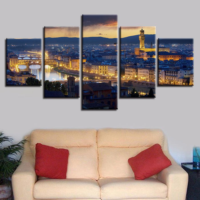 Florence Cathedral City Night 5 Piece HD Multi Panel Canvas Wall Art Frame - Original Frame