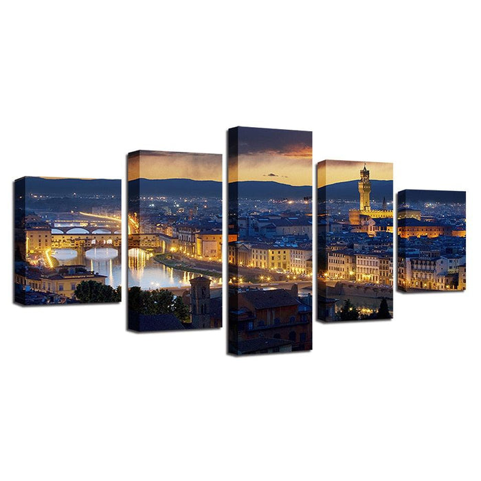 Florence Cathedral City Night 5 Piece HD Multi Panel Canvas Wall Art Frame - Original Frame