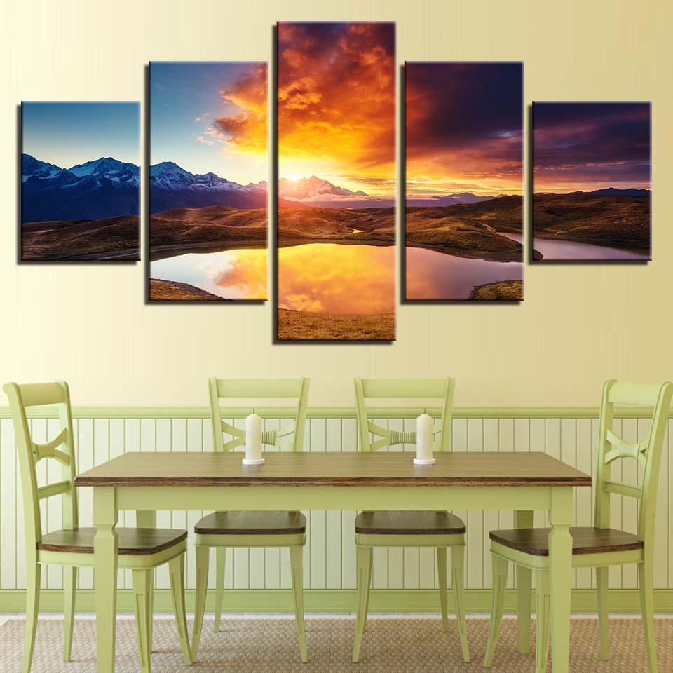 Mountain And River Sunshine 5 Piece HD Multi Panel Canvas Wall Art Frame - Original Frame