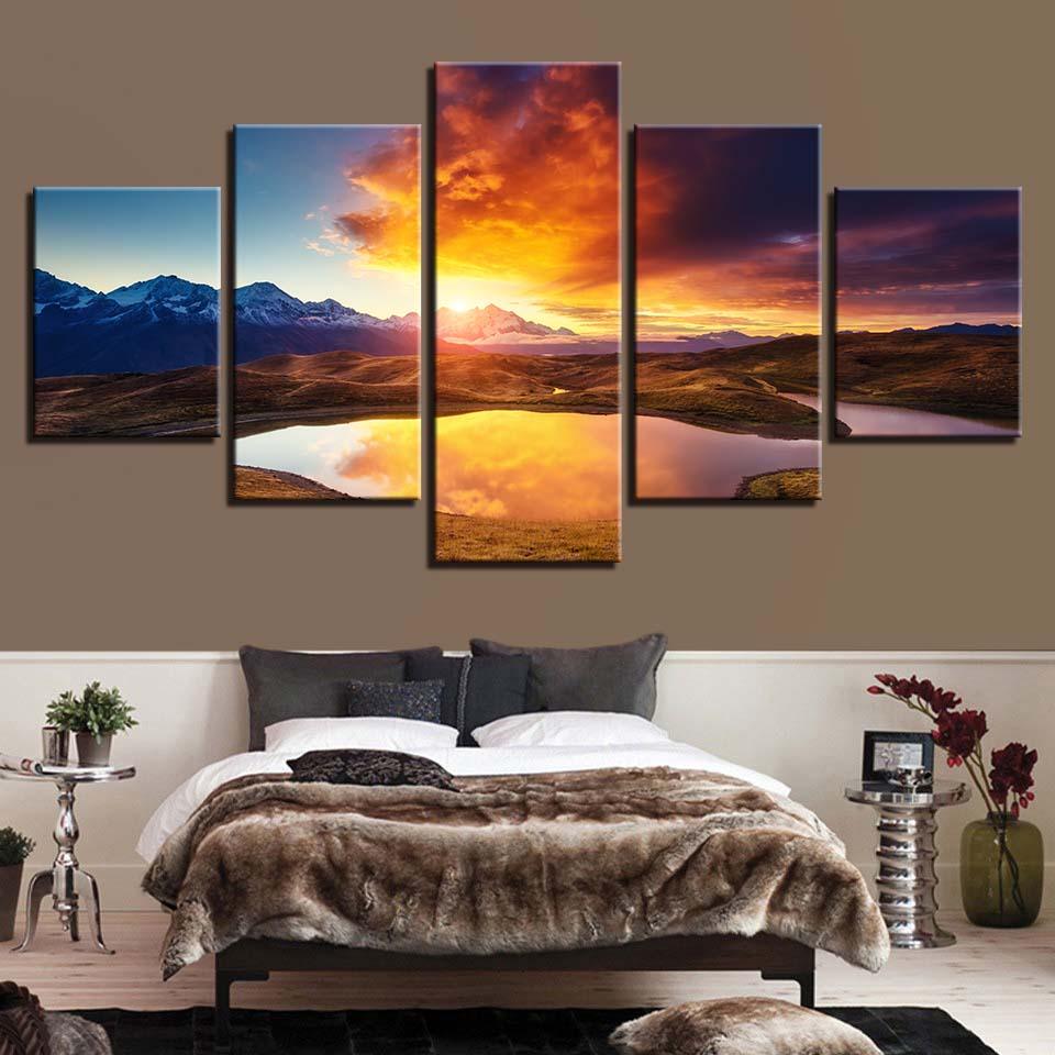 Mountain And River Sunshine 5 Piece HD Multi Panel Canvas Wall Art Frame - Original Frame