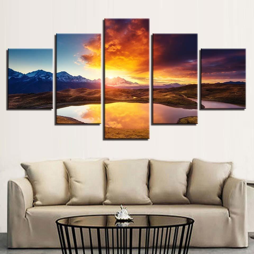 Mountain And River Sunshine 5 Piece HD Multi Panel Canvas Wall Art Frame - Original Frame