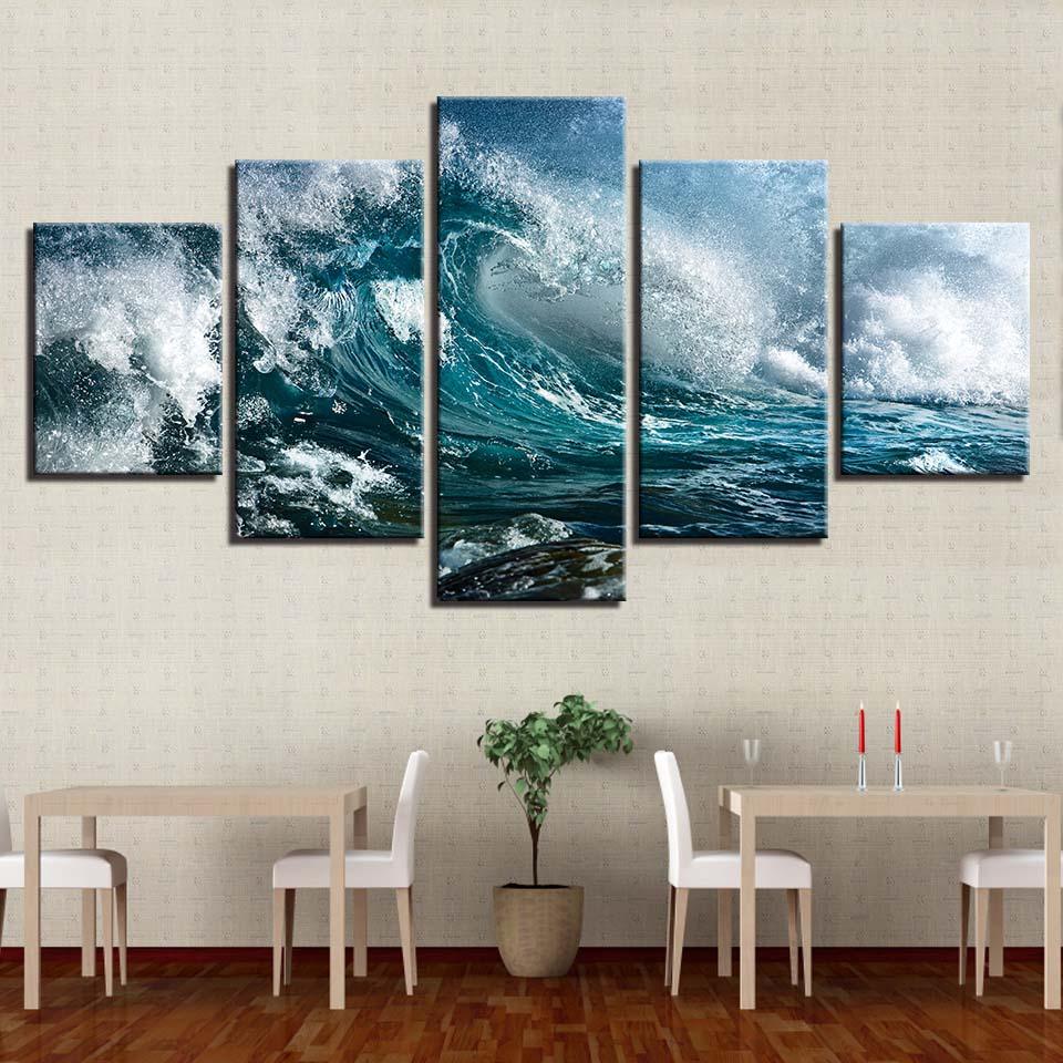 Sea Wave Rolls 5 Piece HD Multi Panel Canvas Wall Art Frame - Original Frame