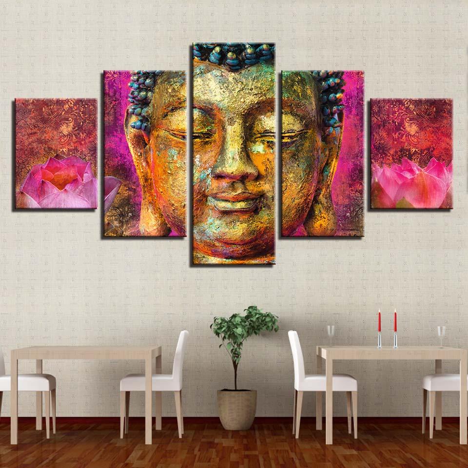 Buddha With Flowers 5 Piece HD Multi Panel Canvas Wall Art Frame - Original Frame