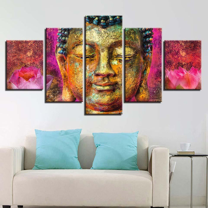 Buddha With Flowers 5 Piece HD Multi Panel Canvas Wall Art Frame - Original Frame