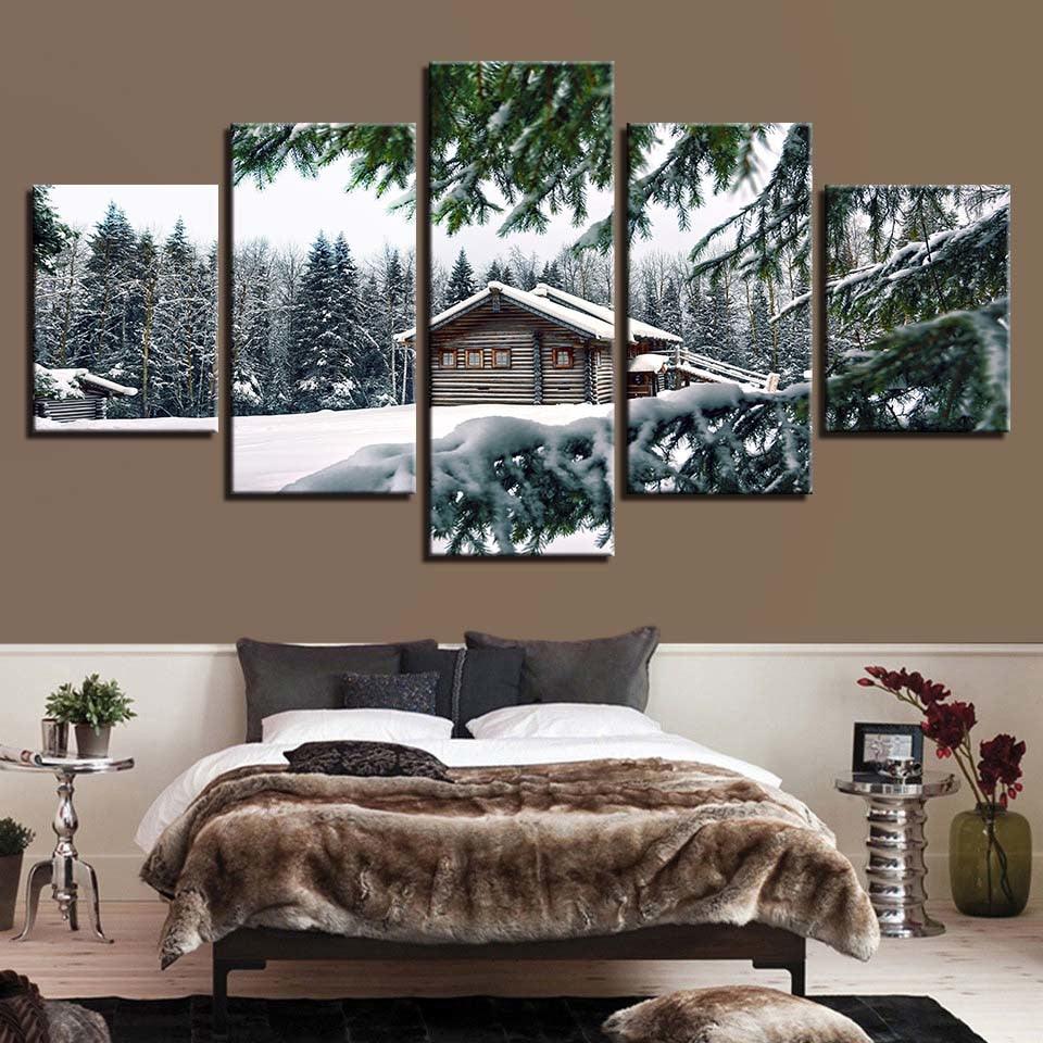 House In The Winter 5 Piece HD Multi Panel Canvas Wall Art Frame - Original Frame