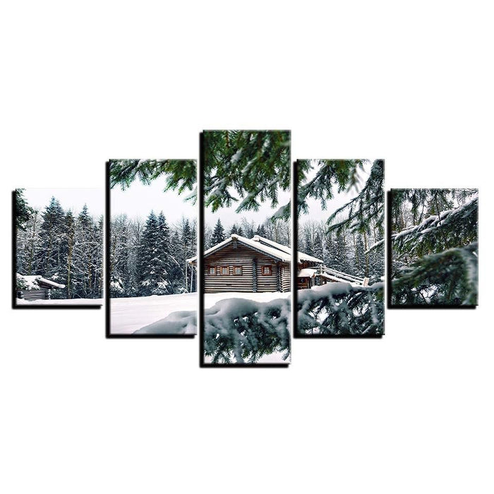 House In The Winter 5 Piece HD Multi Panel Canvas Wall Art Frame - Original Frame