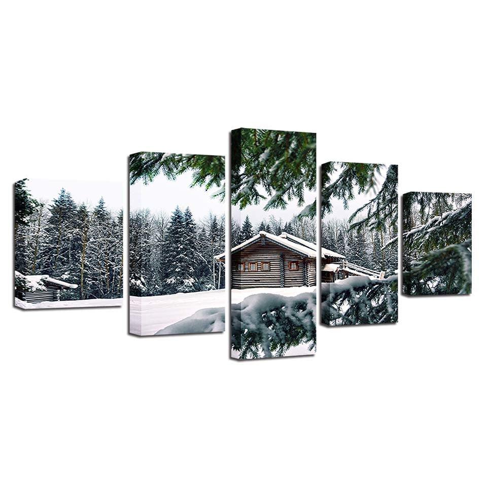 House In The Winter 5 Piece HD Multi Panel Canvas Wall Art Frame - Original Frame