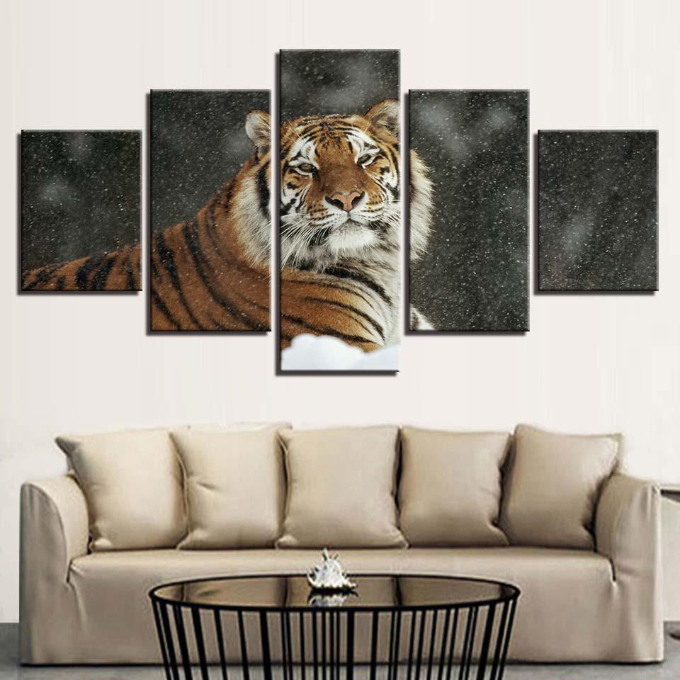 Tiger In Snow 5 Piece HD Multi Panel Canvas Wall Art Frame - Original Frame