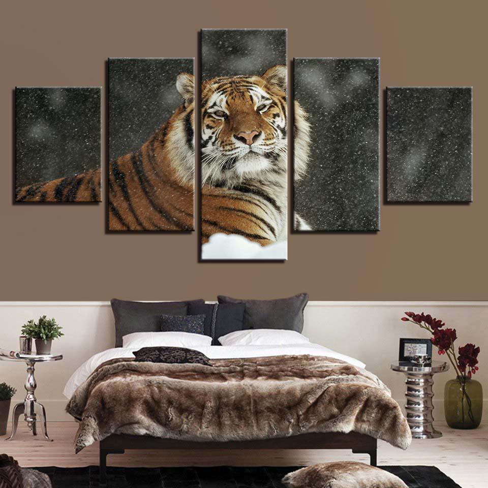 Tiger In Snow 5 Piece HD Multi Panel Canvas Wall Art Frame - Original Frame