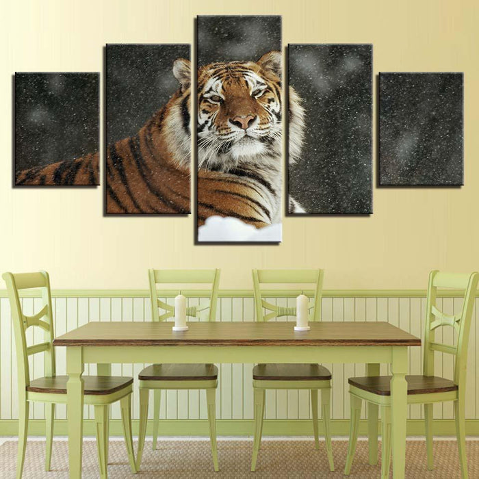 Tiger In Snow 5 Piece HD Multi Panel Canvas Wall Art Frame - Original Frame