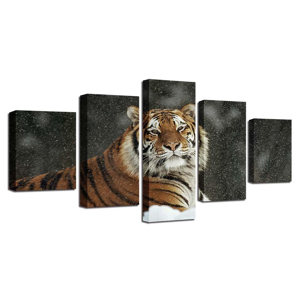 Tiger In Snow 5 Piece HD Multi Panel Canvas Wall Art Frame - Original Frame