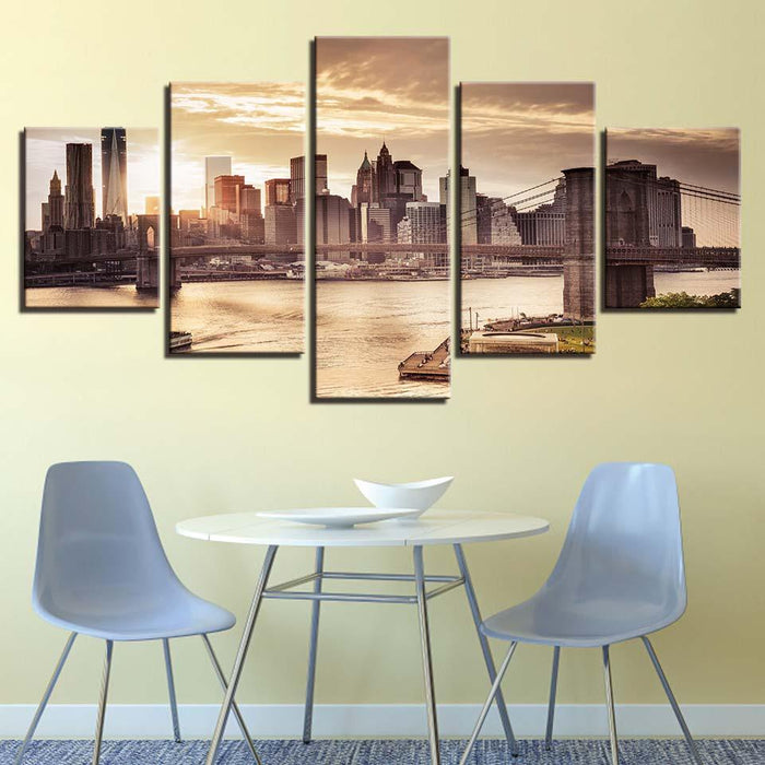 Brooklyn Bridge 5 Piece HD Multi Panel Canvas Wall Art Frame - Original Frame