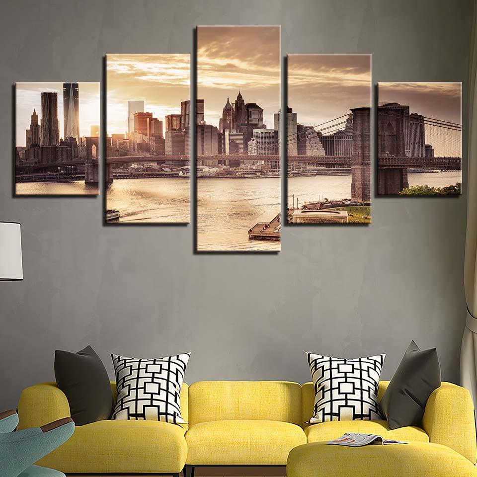 Brooklyn Bridge 5 Piece HD Multi Panel Canvas Wall Art Frame - Original Frame