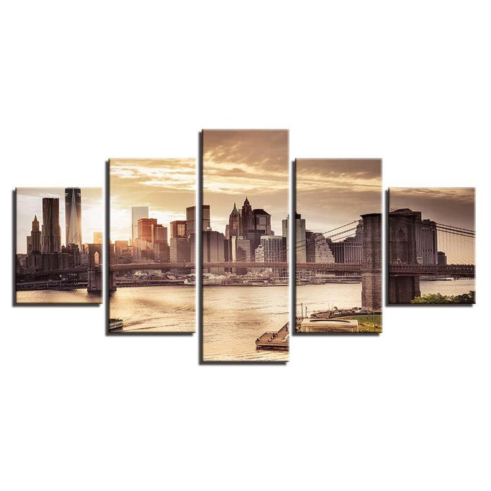 Brooklyn Bridge 5 Piece HD Multi Panel Canvas Wall Art Frame - Original Frame