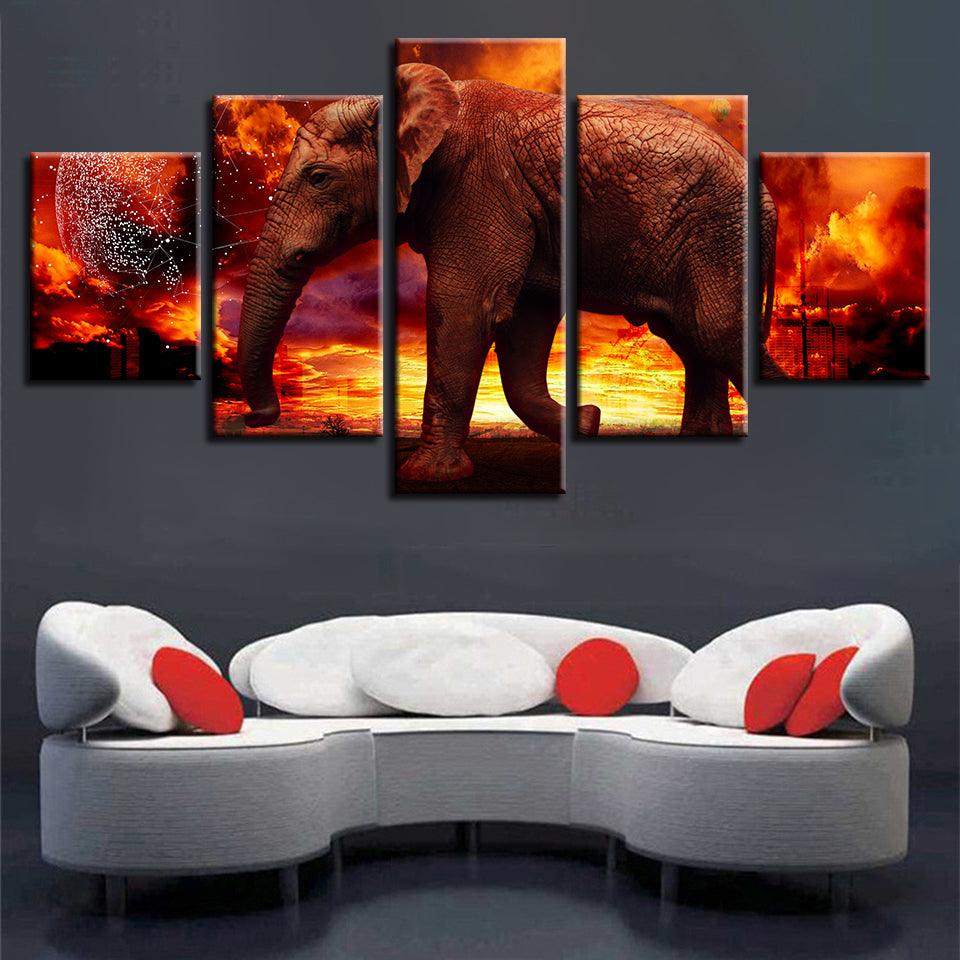 Elephant on Fire 5 Piece HD Multi Panel Canvas Wall Art Frame - Original Frame