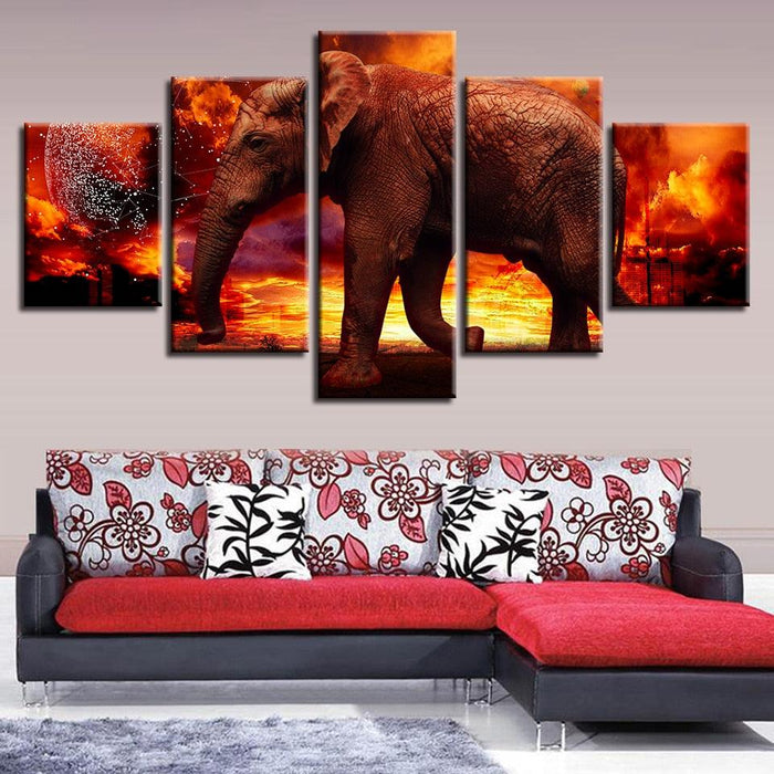 Elephant on Fire 5 Piece HD Multi Panel Canvas Wall Art Frame
