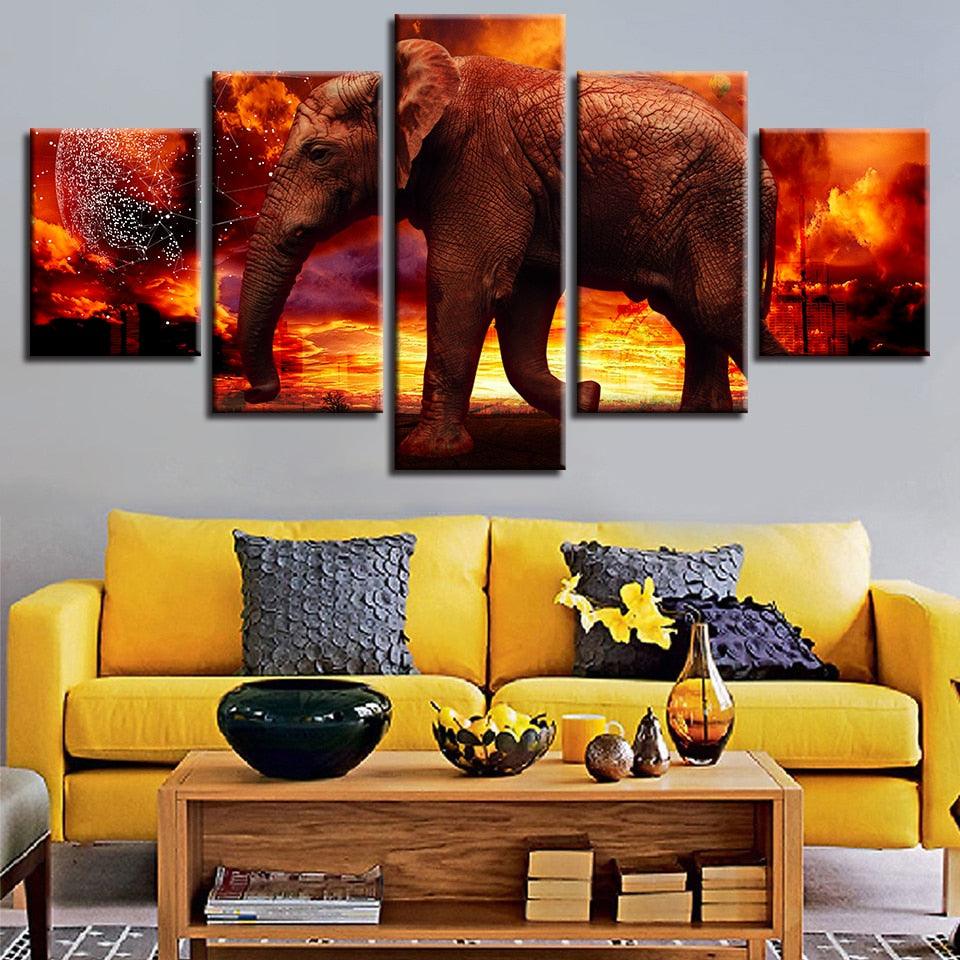 Elephant on Fire 5 Piece HD Multi Panel Canvas Wall Art Frame - Original Frame